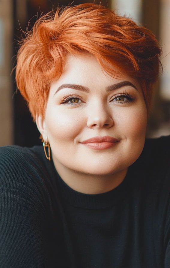 Fiery Copper Pixie With Choppy Bangs — Hairstyles for Double Chin
