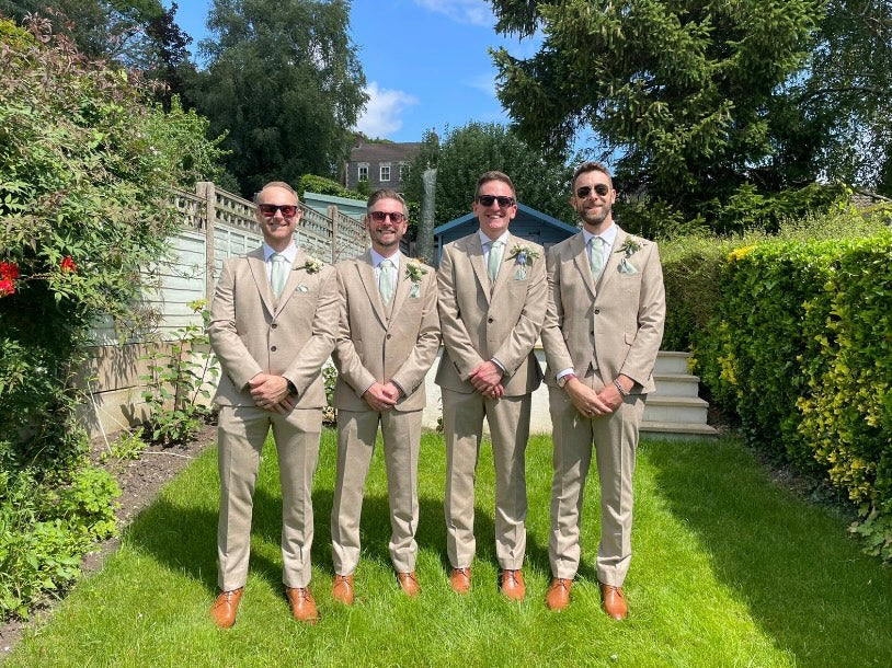 Coordinated Beige Linen Suits for a Summer Wedding Party — Mens Wedding Guest Outfits