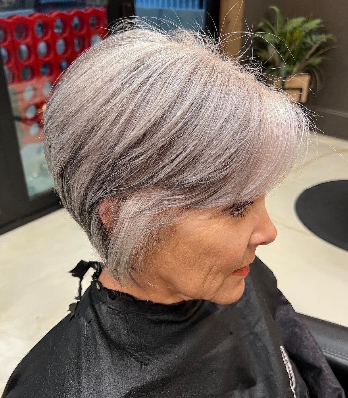 Layered Gray Pixie With Dark Roots Layered Gray Pixie With Dark Roots