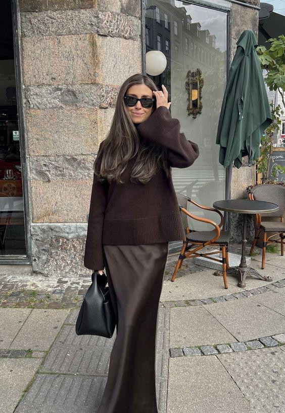 Monochromatic Brown Satin Maxi Skirt with Oversized Knit Monochromatic Brown Satin Maxi Skirt with Oversized Knit — Satin Skirts