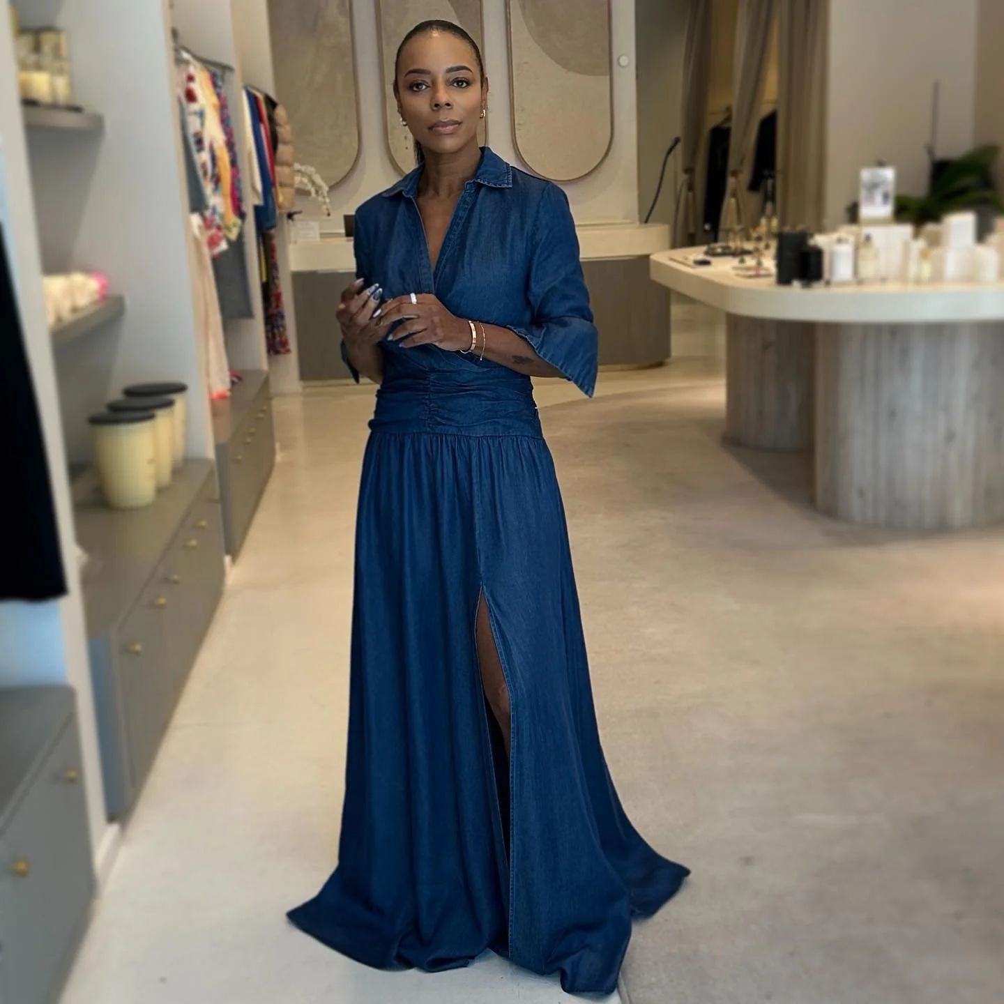 Denim Maxi Dress Statement: High Slit and Collared Neckline — Atlanta Outfits