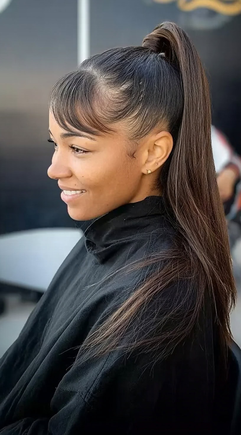 33 Weave Ponytail Hairstyles with Bangs: Chic and Modern Looks for Every Occasion | LooksNiceOnMe