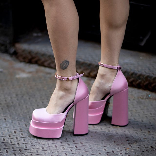 Vibrant Pink Satin Platform Heels with Jeweled Ankle Strap — Platform Heels Outfits
