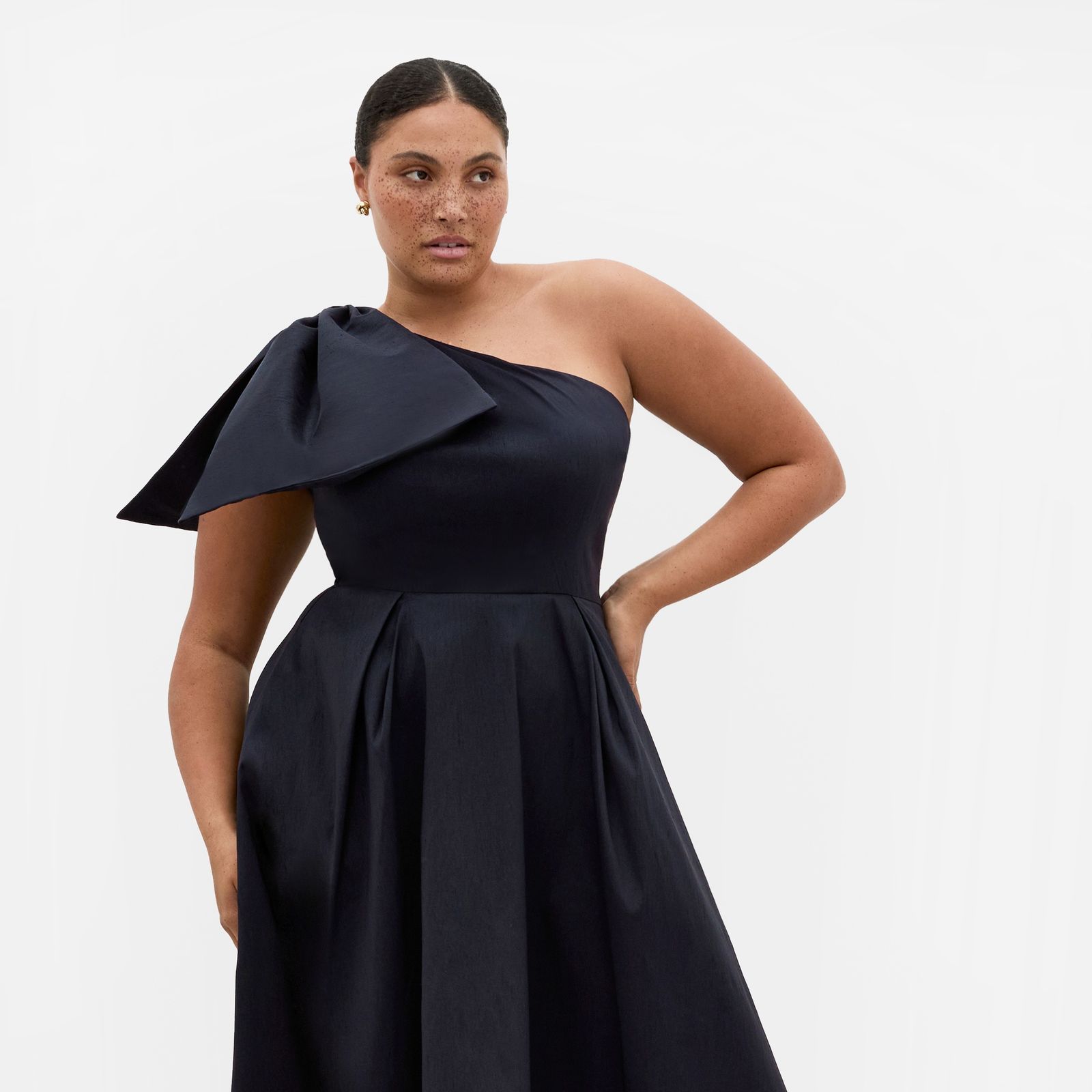Navy One-Shoulder Midi Dress with Bow Detail — Plus Size Dresses