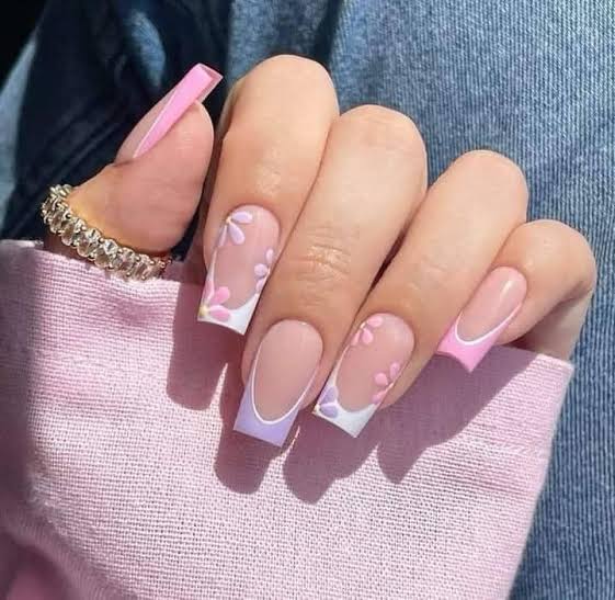 Long Square Floral French Tips — Realtor Nails