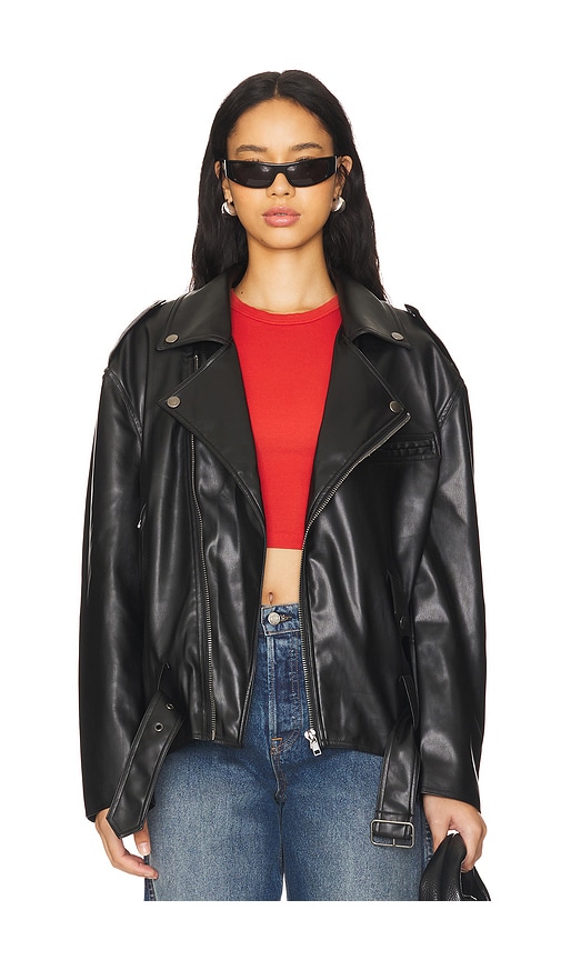 Oversized Black Leather Biker Jacket with Red T-Shirt Oversized Black Leather Biker Jacket with Red T-Shirt — Leather Jackets