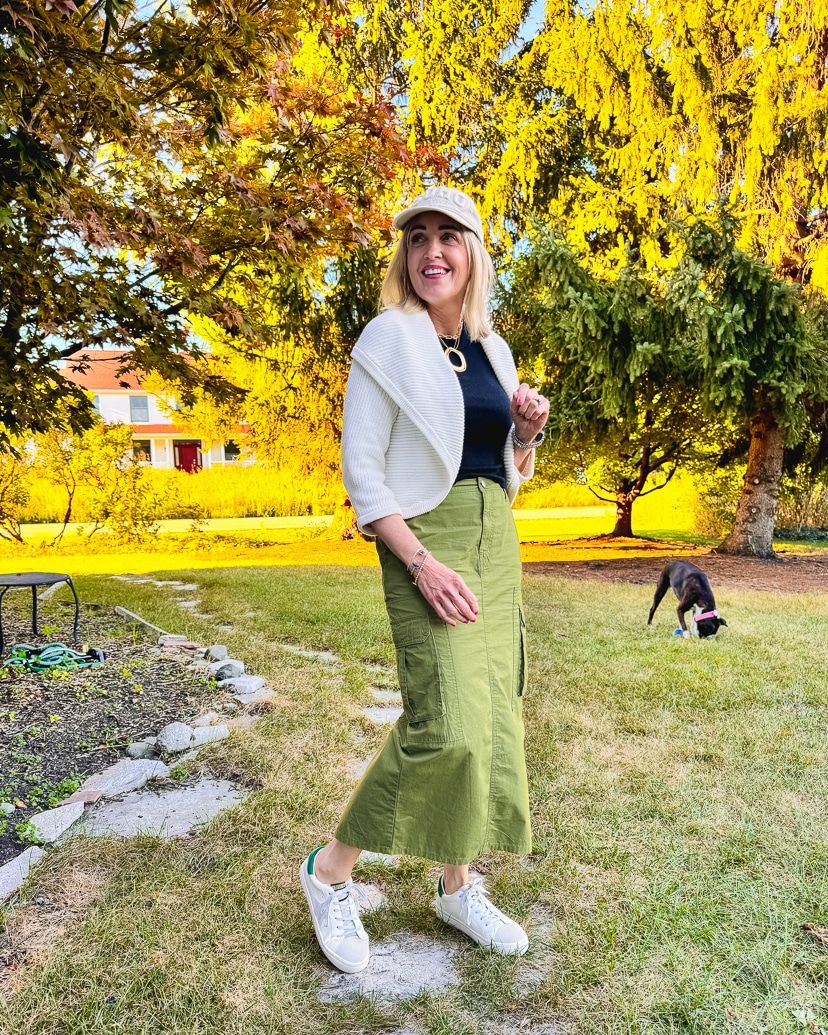 Black Top White Cropped Cardigan Olive Green Cargo Maxi Skirt with Cropped Cardigan — Cargo Skirt Outfits