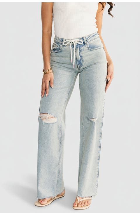 Drawstring Waist Ripped Jeans with Tank Top