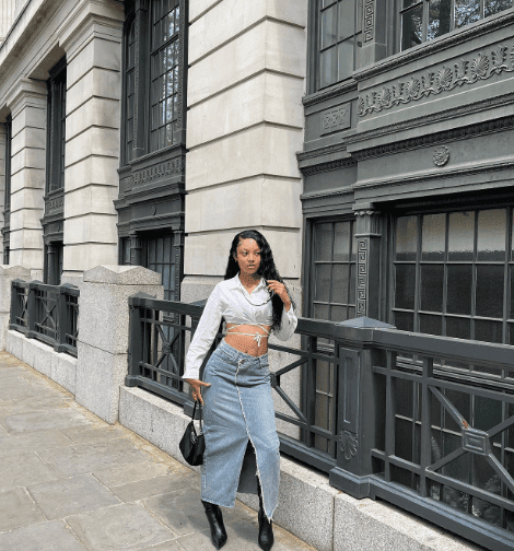 Denim Maxi Skirt with Tie-Front Shirt and Boots — Jean Skirt Outfits