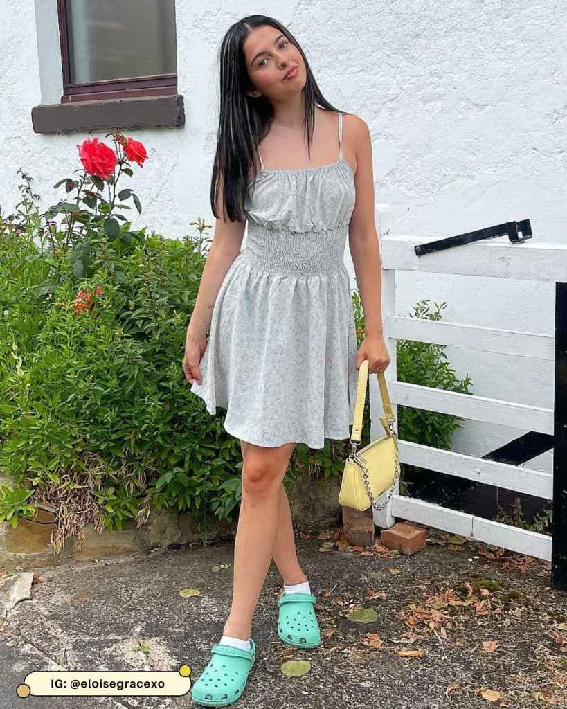 Summer Vibes: Mint Green Crocs with Floral Mini Dress — Crocs Outfits