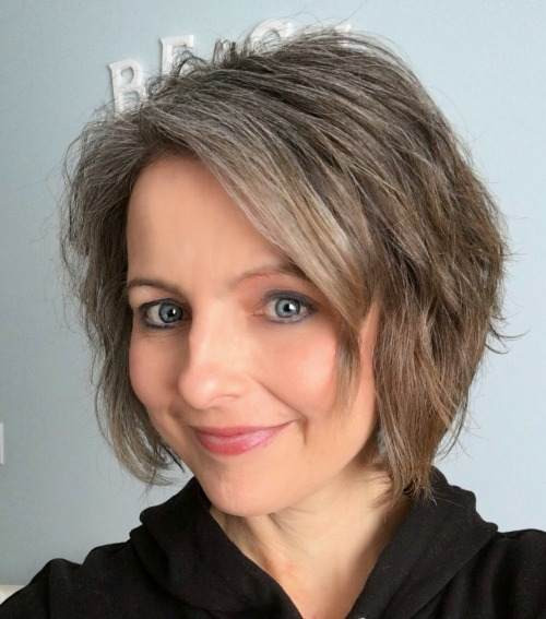 Shaggy Gray Lob With Blunt Bangs — Transitioning to Gray Hair