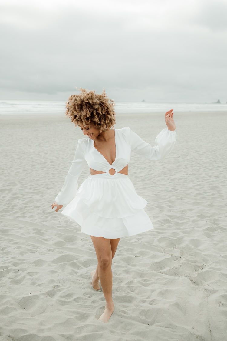 Tiered White Cotton Mini Dress with Plunging Neckline — Honeymoon Dresses