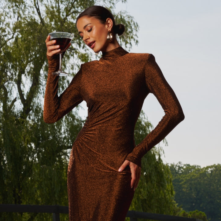 Bronze Sparkly Ruched Dress for Evening Engagement Photos — Engagement Photo Dresses