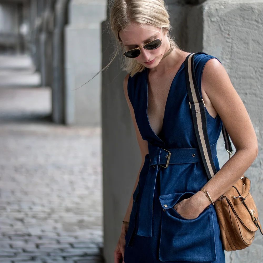 Belted Utility Denim Dress with Suede Bag Belted Utility Denim Dress with Suede Bag — Denim Dress Outfits