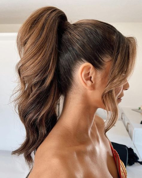 Dark Brown High Ponytail With Side-Swept Bangs — Halo Extensions Hairstyles