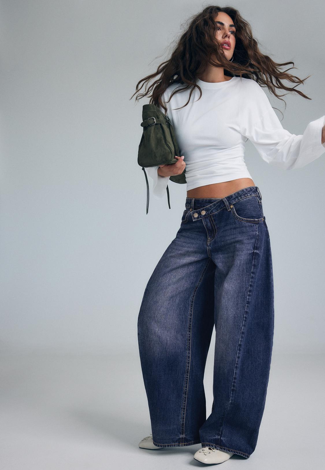 Extreme Wide-Leg Dark Jeans with Crossover Waist — Baggy Jeans