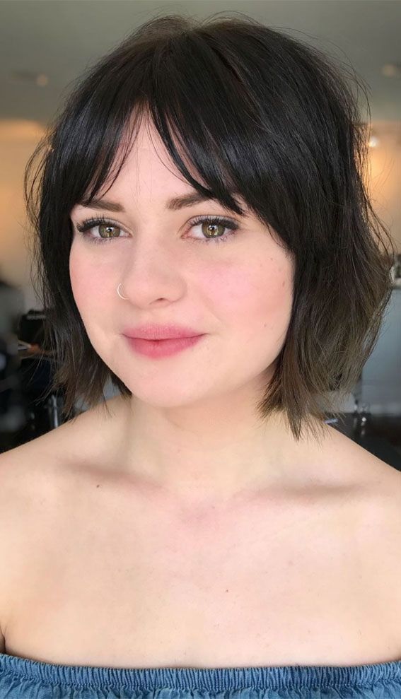 Textured Bob with Curtain Bangs — Bob for Round Face