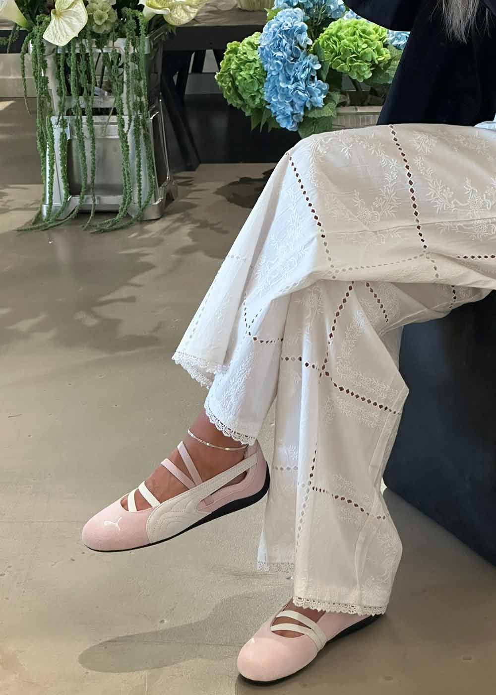 Soft Pastels: Eyelet Pants and Pink Speedcat Ballet Flats Soft Pastels: Eyelet Pants and Pink Speedcat Ballet Flats — Puma Speedcat Outfits