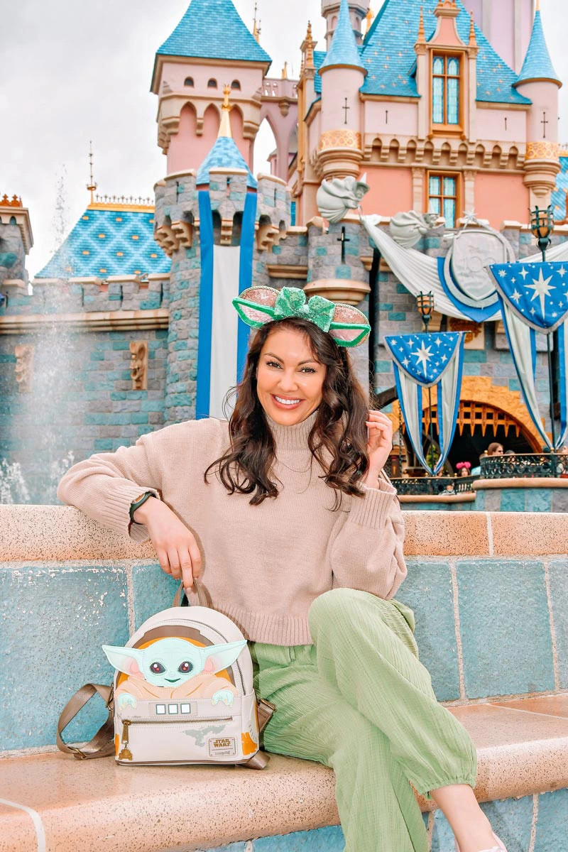 Cozy Turtleneck and Corduroy Pants with Character Backpack — Theme Park Outfits