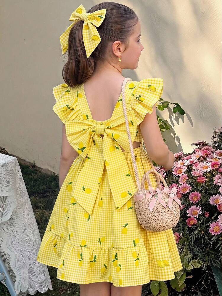 Yellow Gingham Dress with Lemon Print and Back Bow — Tween Dresses