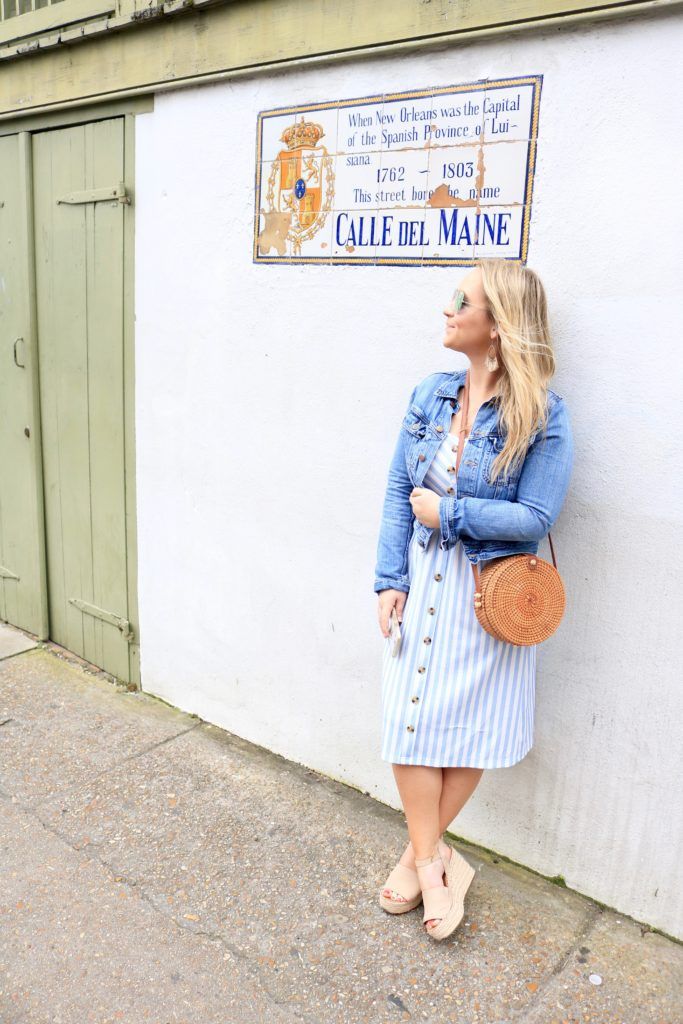 Denim Jacket Over Striped Button-Down Midi Dress Denim Jacket Over Striped Button-Down Midi Dress — New Orleans Outfits