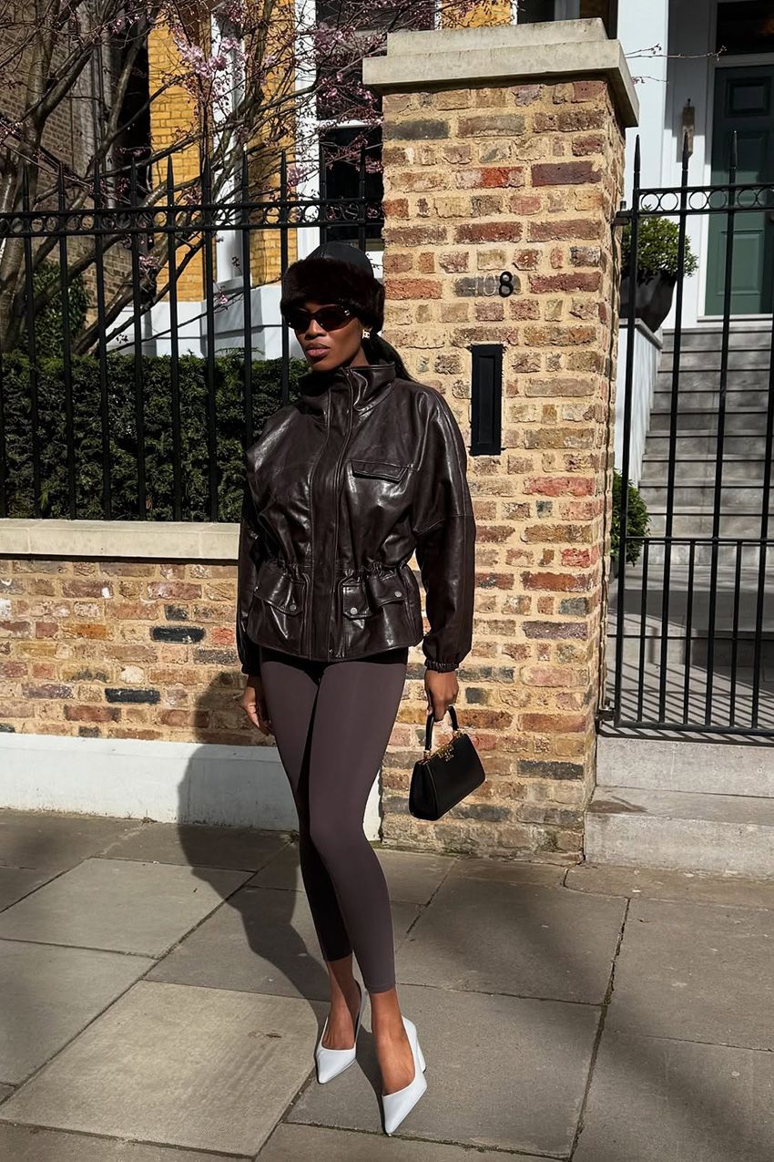 Dark Brown Leather Windbreaker with Grey Leggings Dark Brown Leather Windbreaker with Grey Leggings — Windbreaker Outfits
