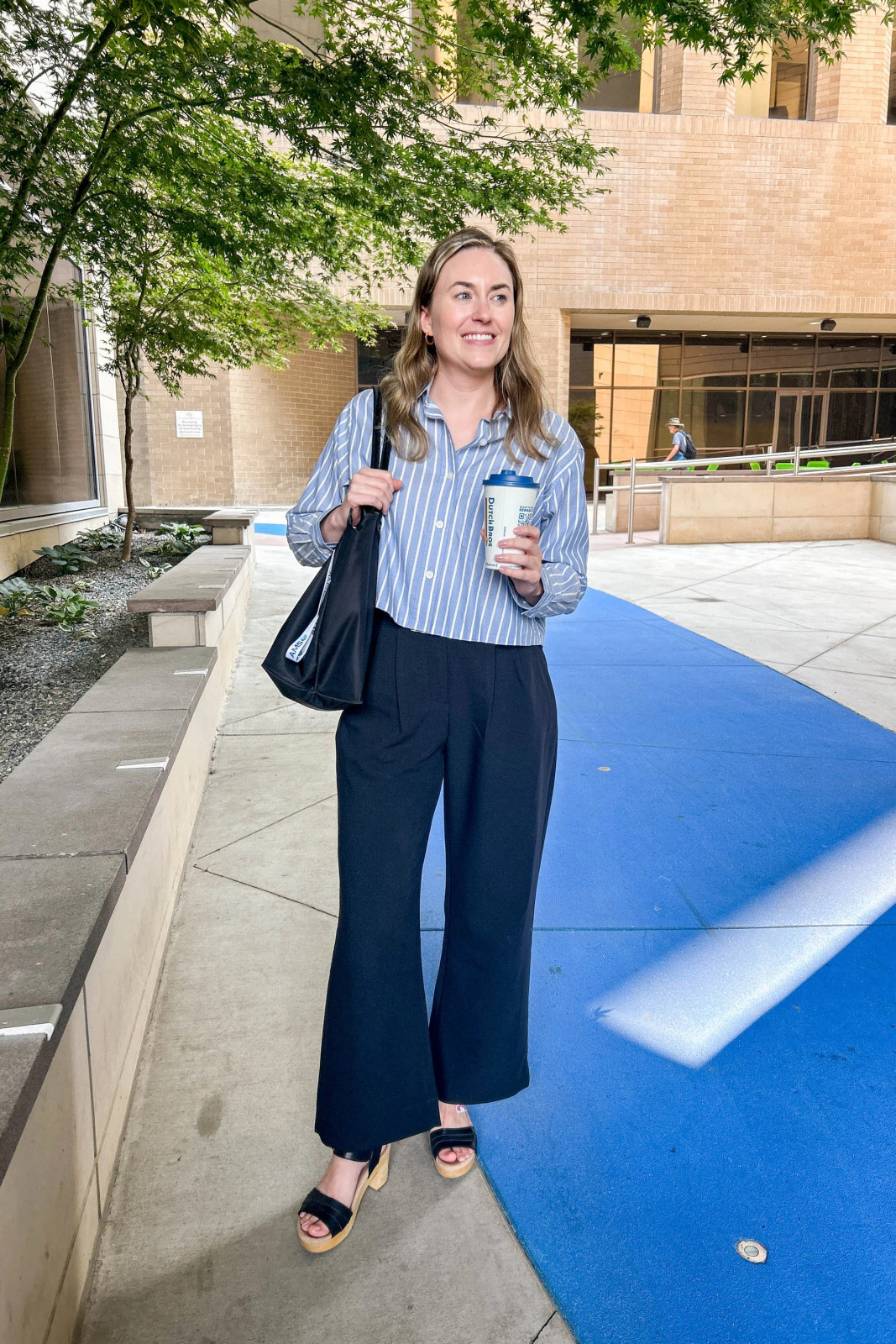Blue Striped Button-Down and Wide-Leg Trousers with Platform Wedges Blue Striped Button-Down and Wide-Leg Trousers with Platform Wedges — Teacher Conference Outfits