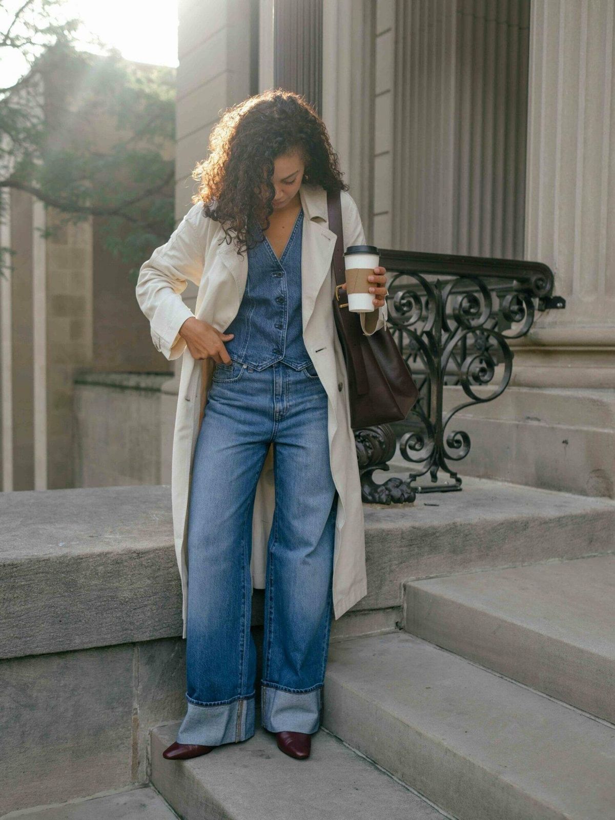 Denim Vest and Trench Coat with Cuffed Boyfriend Jeans Denim Vest and Trench Coat with Cuffed Boyfriend Jeans — Boyfriend Jeans Outfits