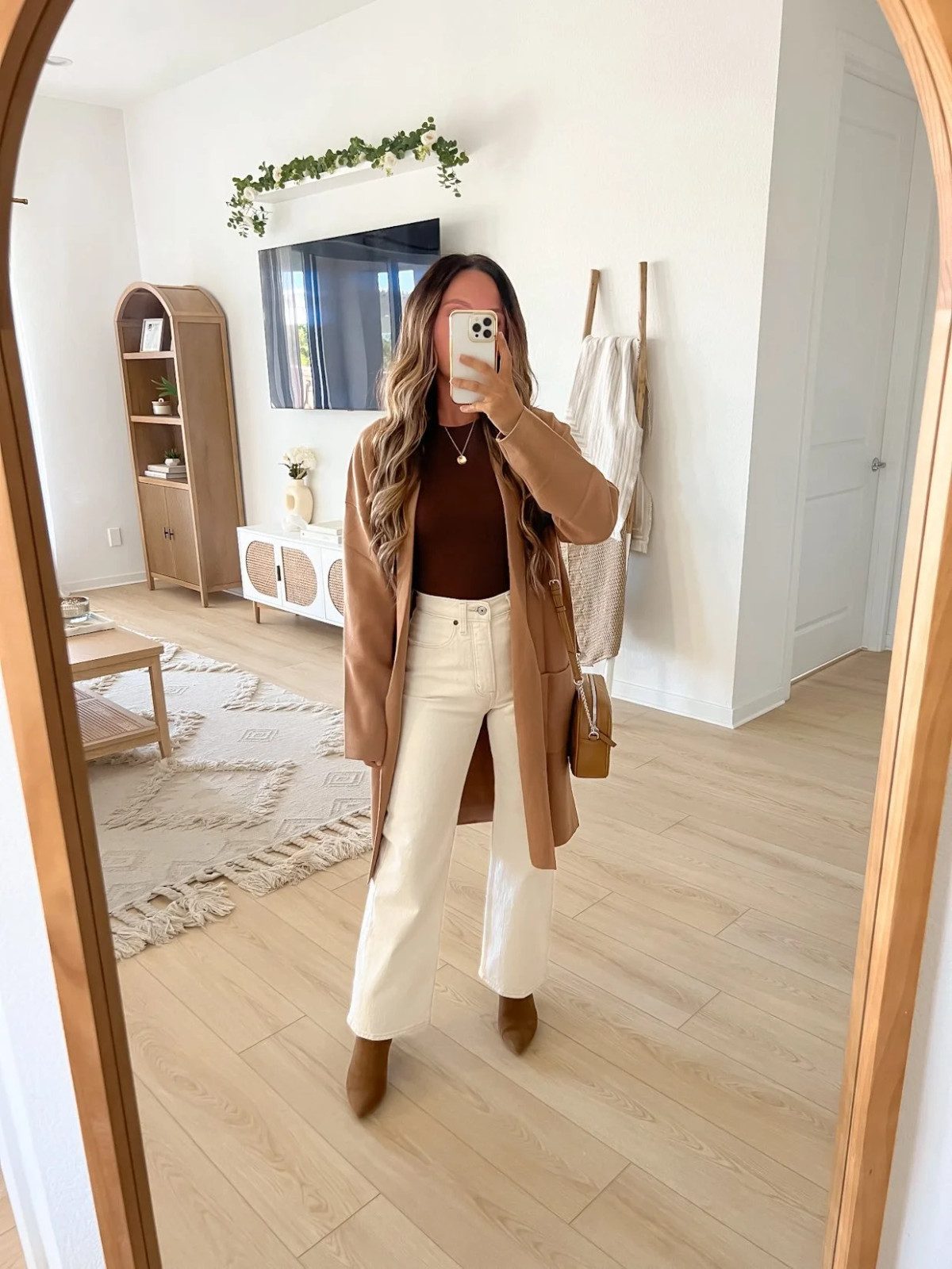 Camel Cardigan Over Crew Neck with Wide-Leg Cream Pants — Dressy Casual Outfits