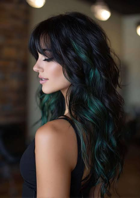 Mid-Back Forest Green Highlights With Side Swept Bangs — Forest Green Hair