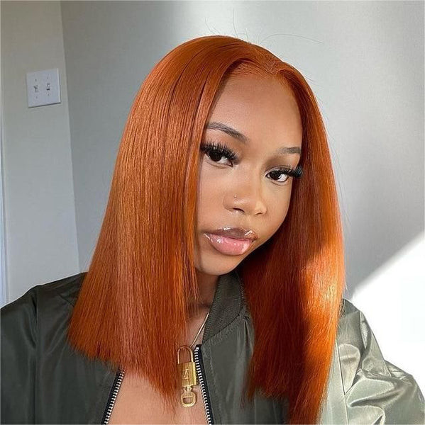 Front View Bright Ginger Bob With Blunt Bangs — Ginger Hair on Black Women