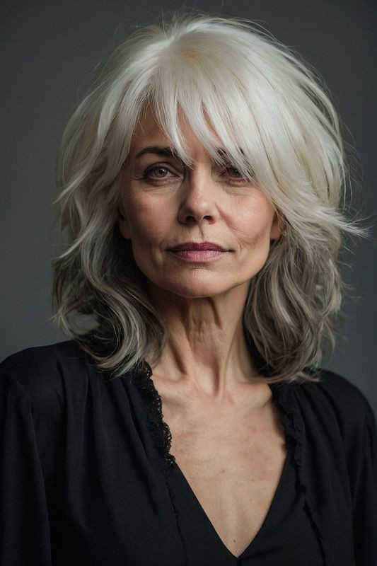 Silver Gray Shag With Blunt Bangs — Gray Hair with Bangs