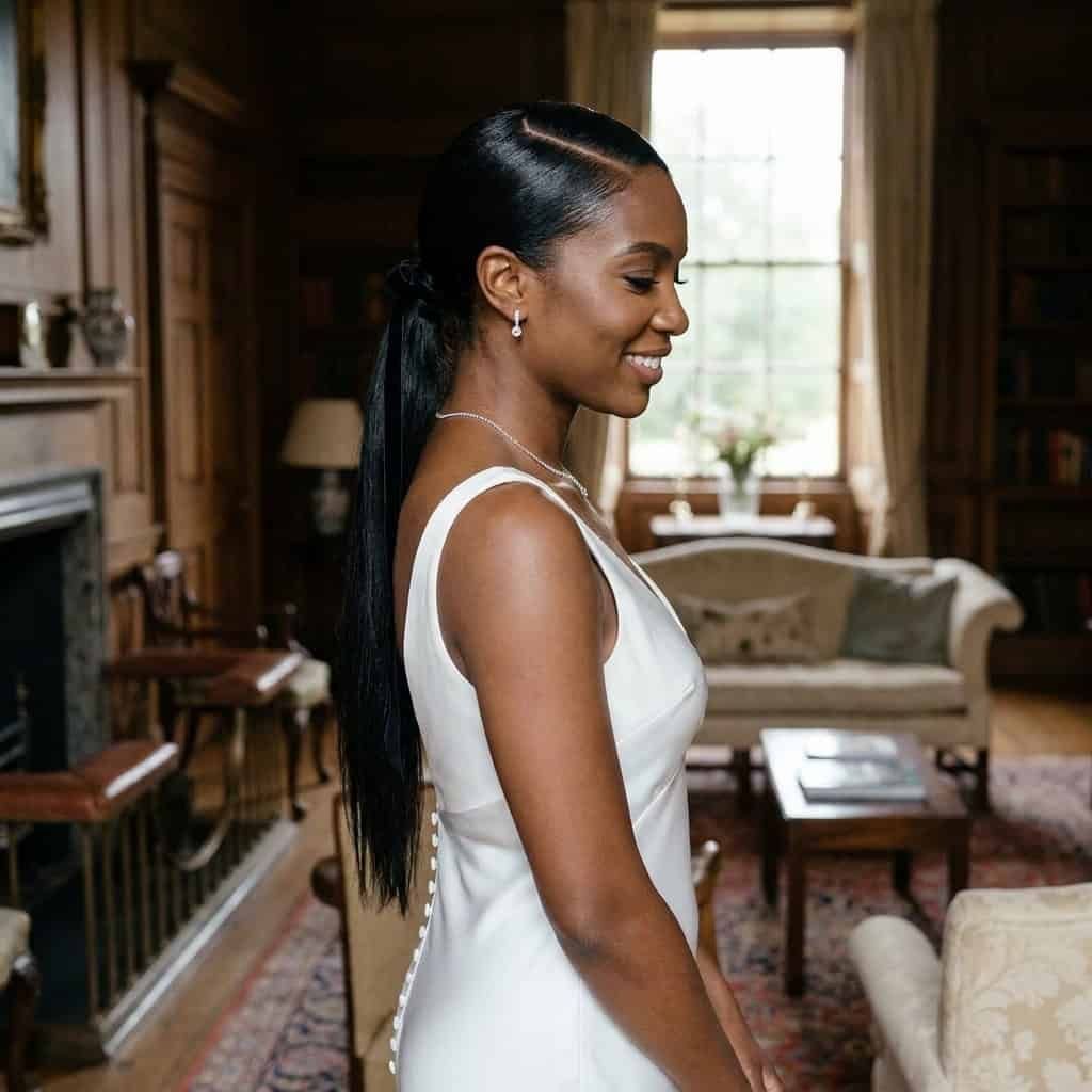 Shoulder Length Black Ponytail With Side Bangs — Sleek Low Ponytail