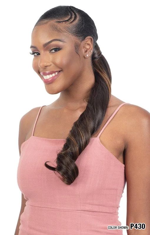 Low Ponytail Side Swept Bangs — Wrap Around Ponytail