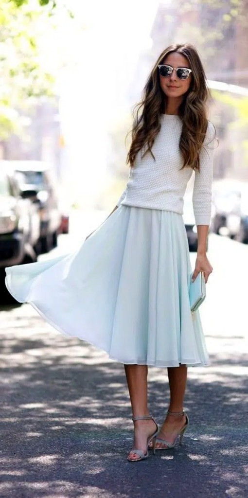 Knit Sweater with a Flowing Chiffon Midi Skirt Knit Sweater with a Flowing Chiffon Midi Skirt — Light Feminine Outfits