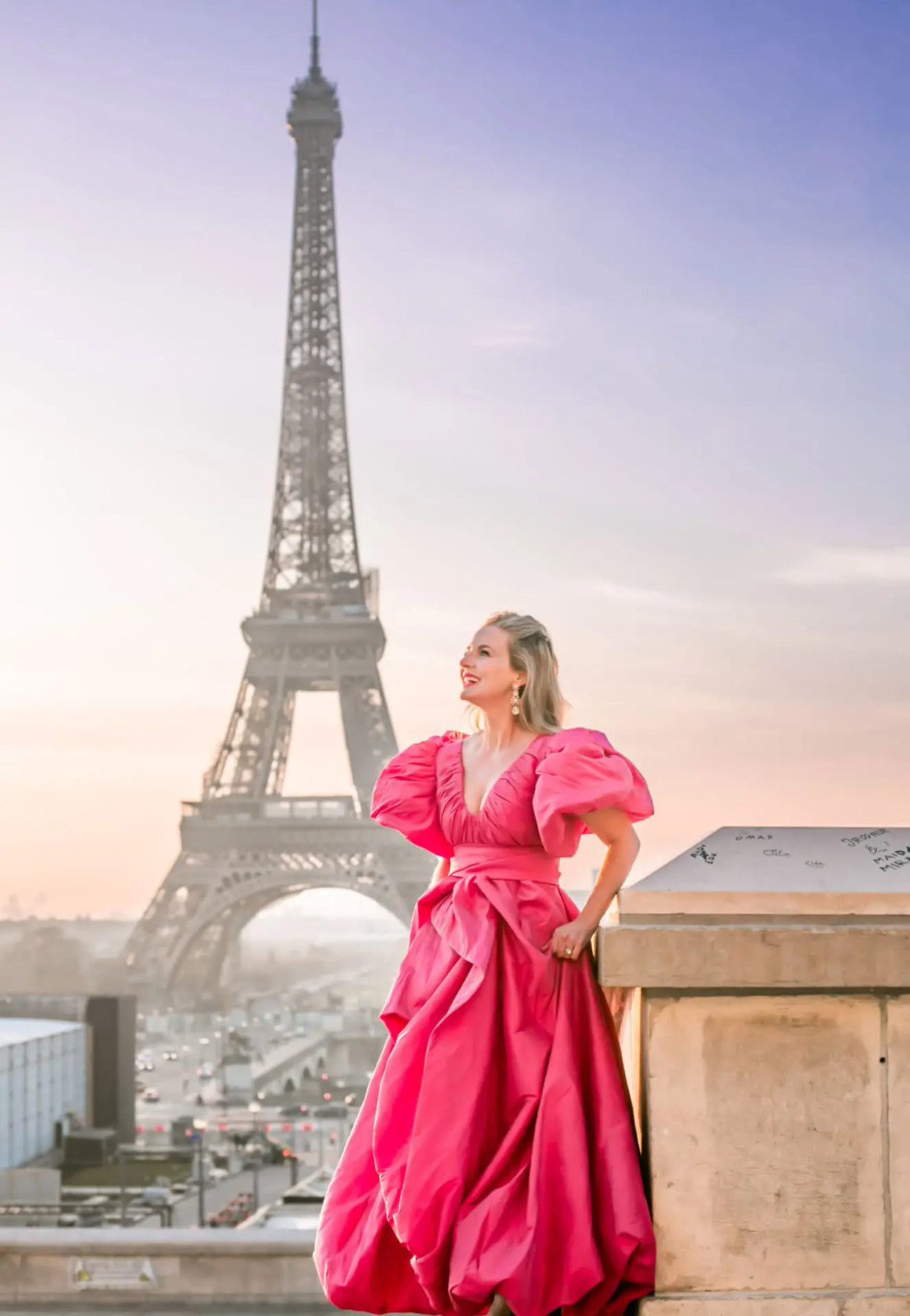 Voluminous Hot Pink Taffeta Gown with Puff Sleeves — Gala Dresses