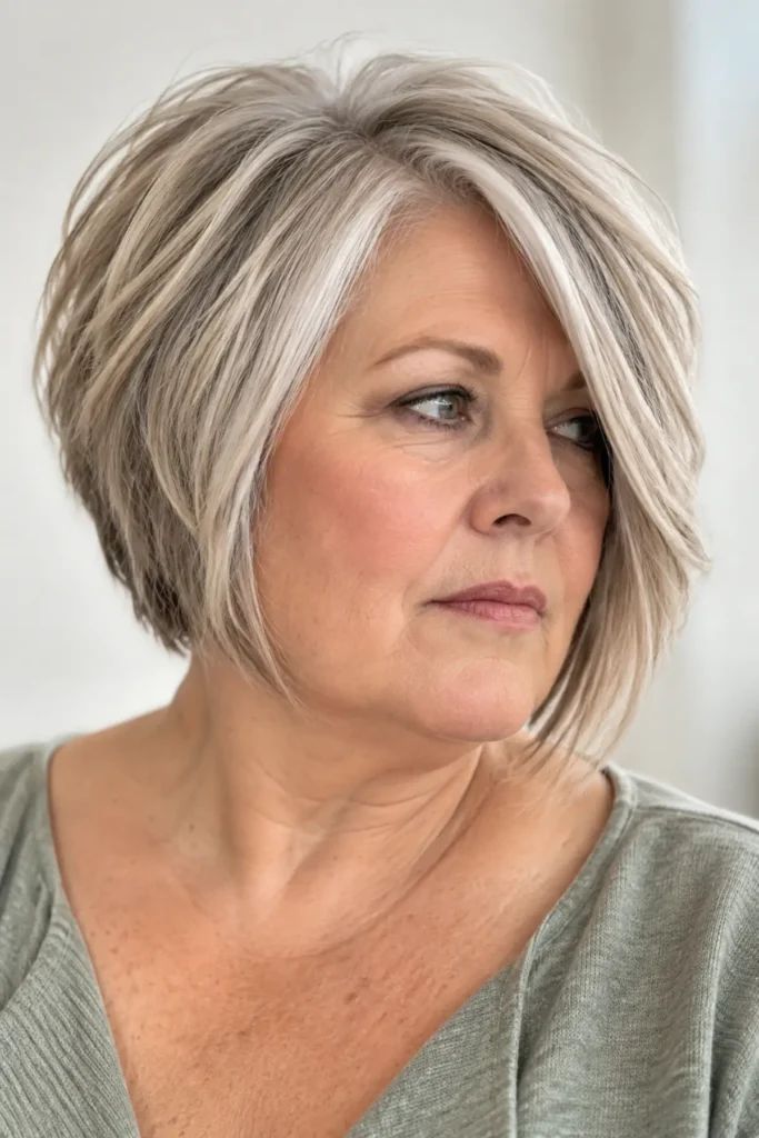 Ash Blonde Stacked Bob With Platinum Streaks Ash Blonde Stacked Bob With Platinum Streaks — Highlights Over 60