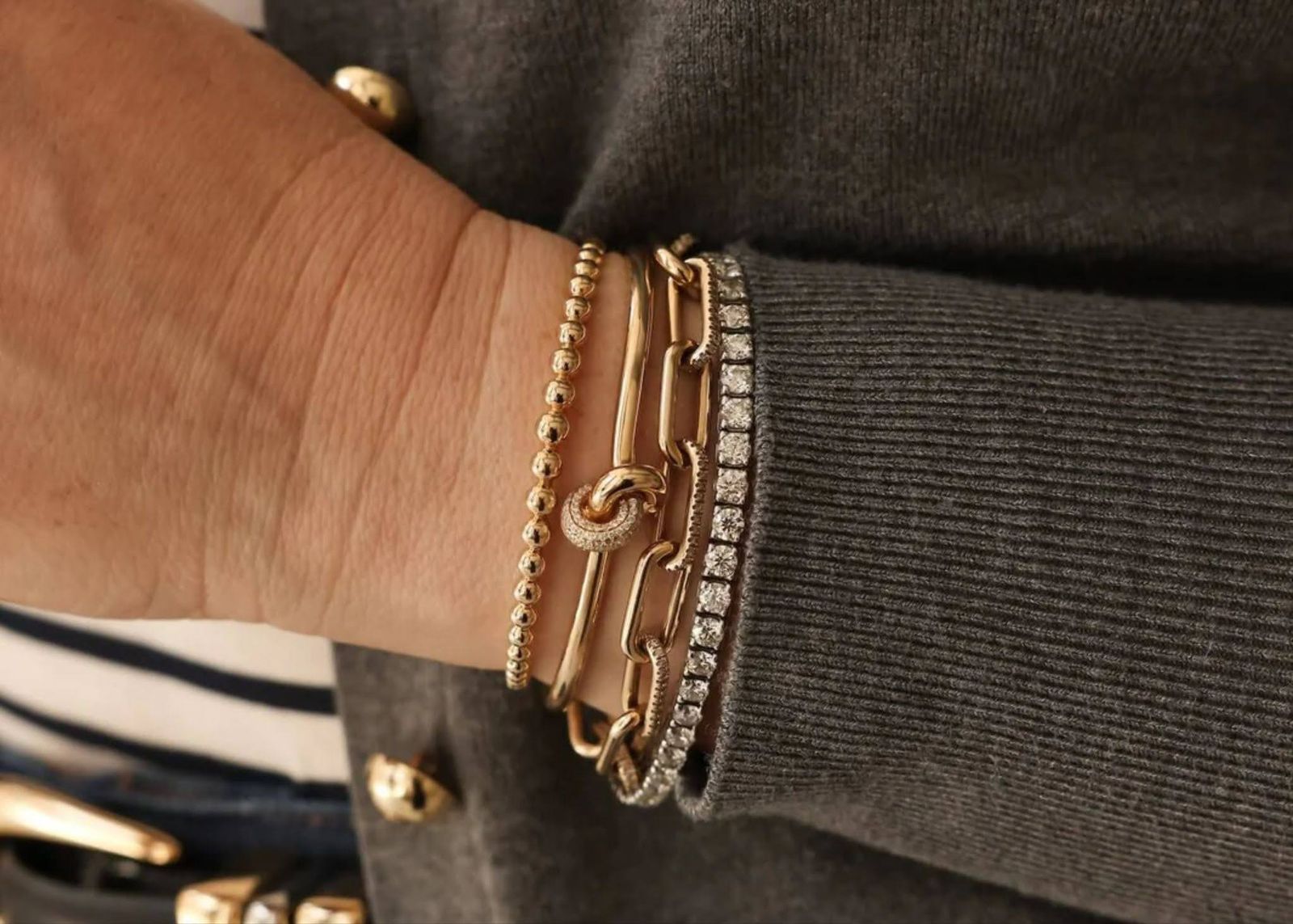 Beaded Gold and Diamond Bracelets with Knitwear — Bangle Stacks