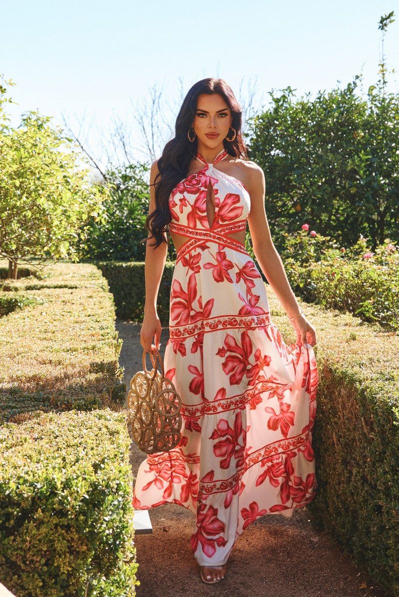 Floral Print Halter Neck Maxi Dress: Cut-out Allure Date Night Dresses