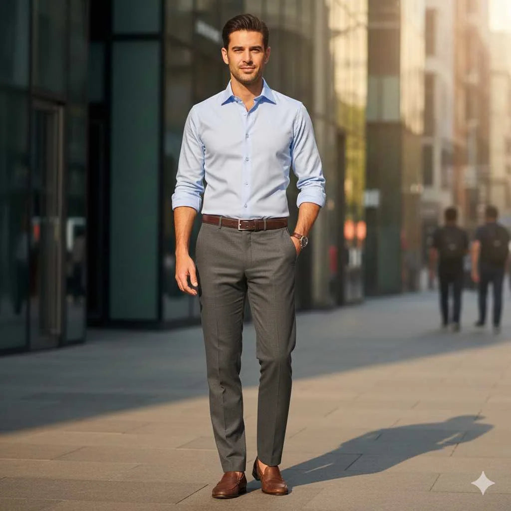 Rolled Sleeve Shirt with Grey Trousers Rolled Sleeve Shirt with Grey Trousers — Mens Business Casual Outfits