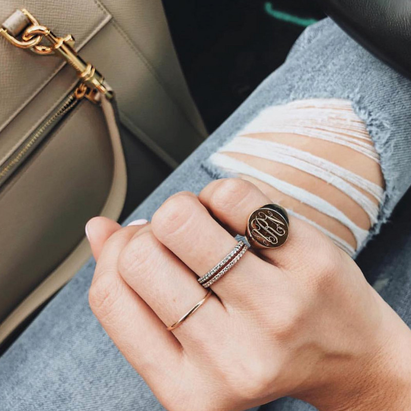 Monogrammed Oval Signet Ring Stacked with Diamond Bands Monogrammed Oval Signet Ring Stacked with Diamond Bands — Signet Rings