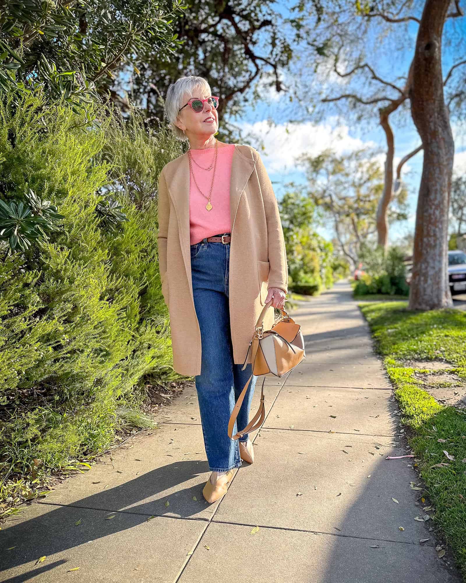 Chic Daytime: Blue Straight Leg Jeans with Camel Cardigan