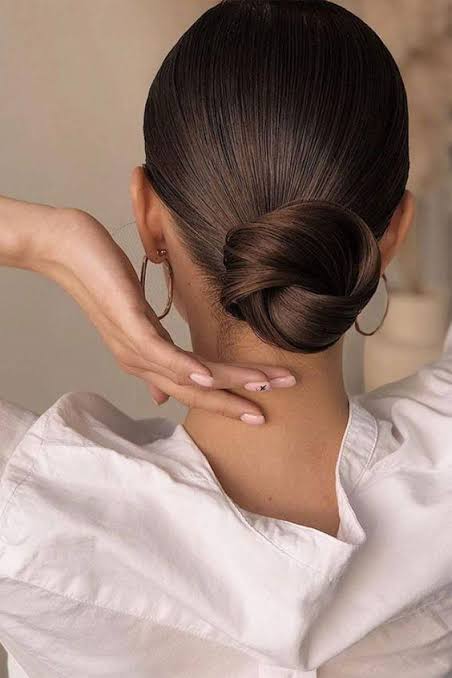 Sleek Dark Brown Mid-Back Low Bun