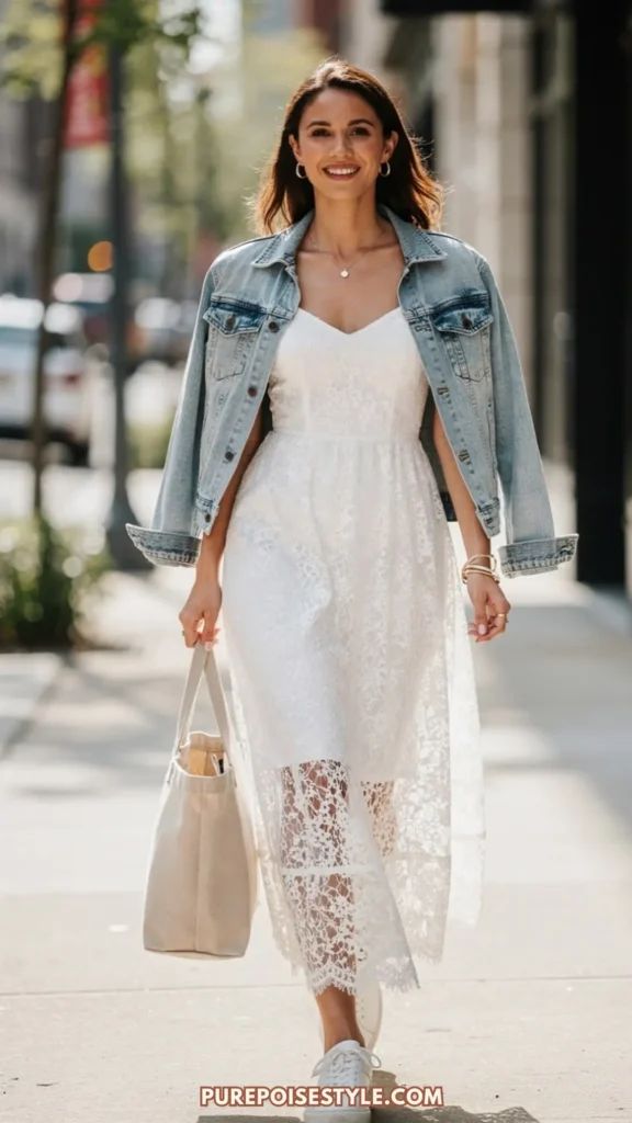 Daytime Casual White Lace Midi: Denim Layering — Lace Dress Outfits