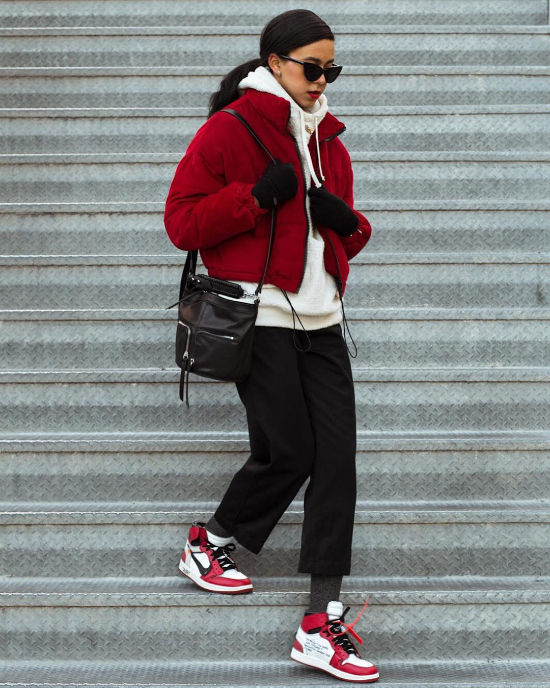 Red and White High-Tops with a Cropped Puffer Jacket — Retro Sneakers Outfits