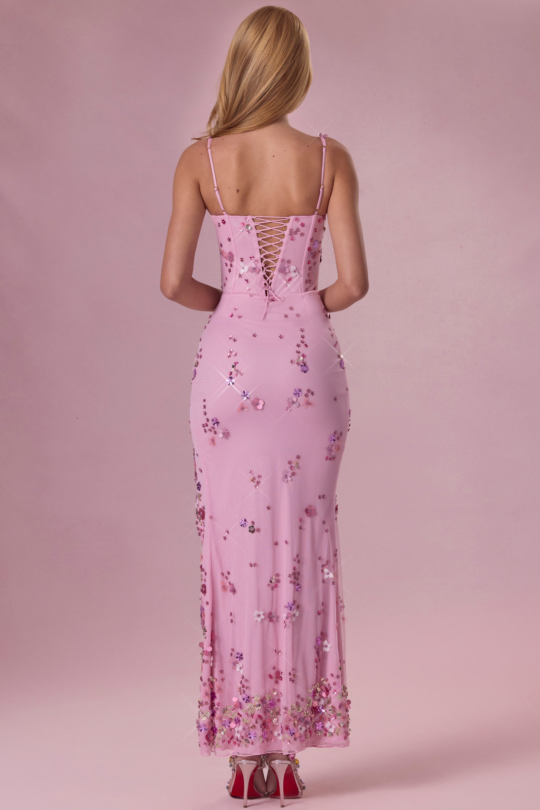 Sparkling Pink Sequined Floor-Length Dress with Lace-Up Back Sparkling Pink Sequined Floor-Length Dress with Lace-Up Back — Sorority Formal Dresses