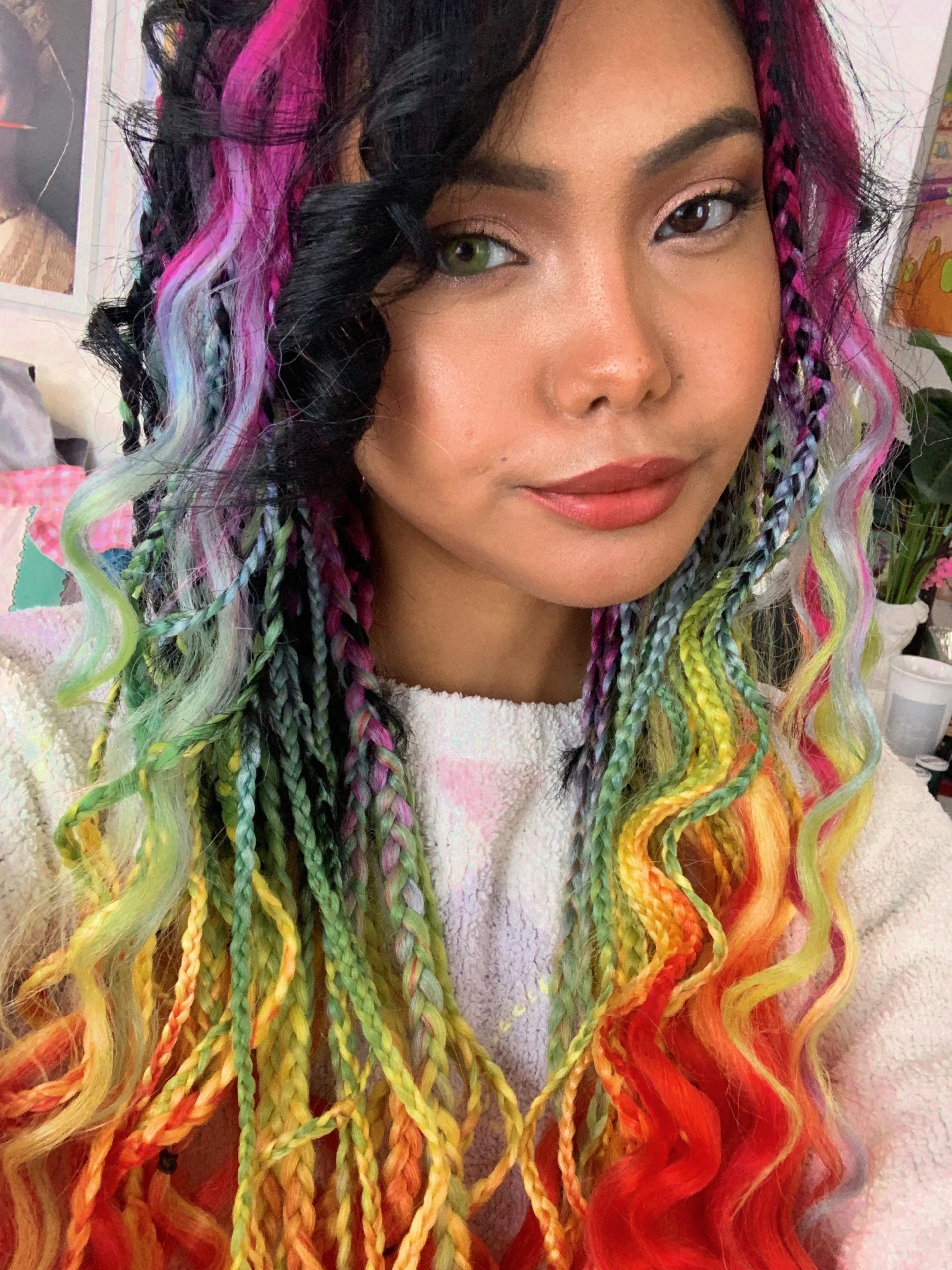 Rainbow Color Braids With Side-Swept Fringe — Colorful Braids