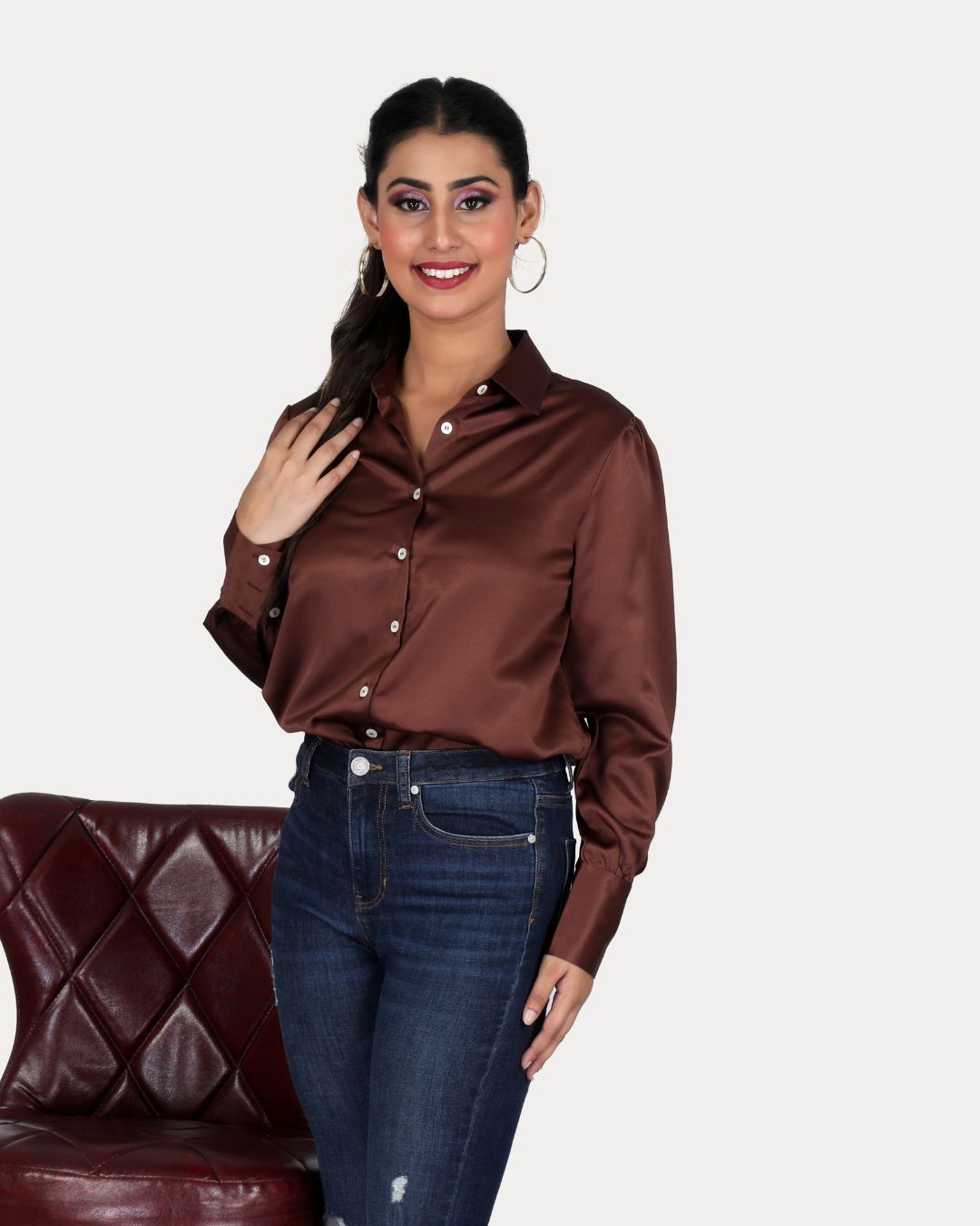 Brown Satin Button-Up Shirt with Slim-Fit Jeans — Satin Top Outfits