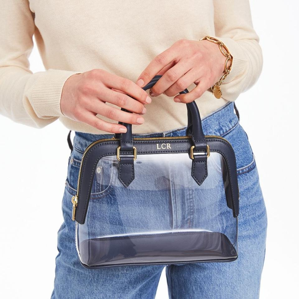 Monogrammed Style: Clear Top-Handle Bag with Knit and Denim — Clear Bag Outfits