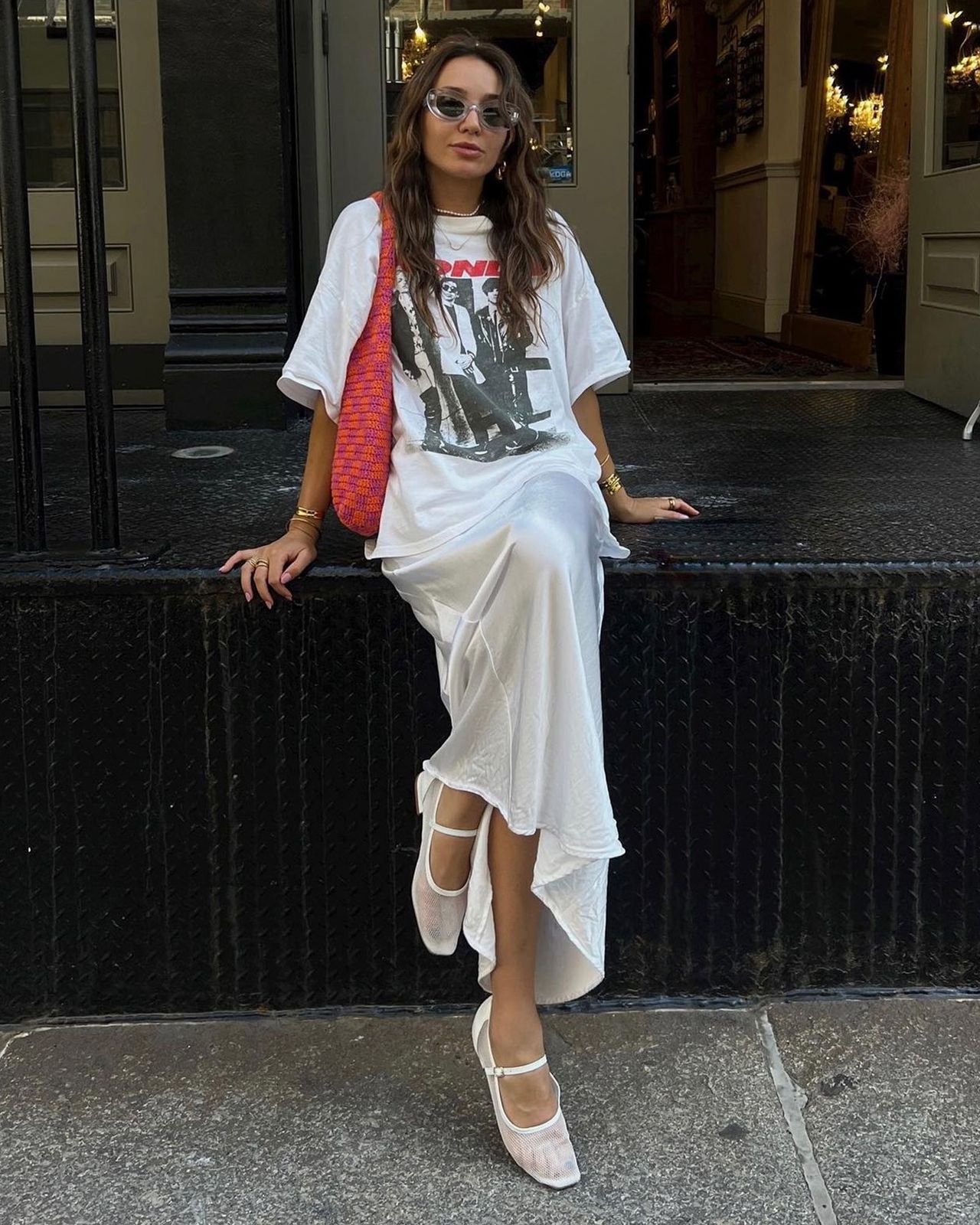 White Mesh Ankle-Strap Flats with Slip Dress and Tee White Mesh Ankle-Strap Flats with Slip Dress and Tee — Mesh Ballet Flats Outfits